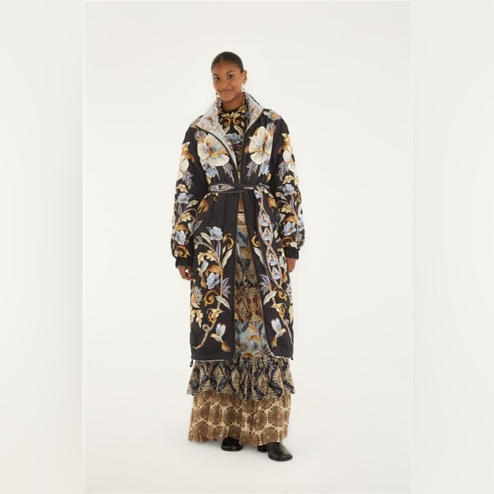 Farm Rio: Black Flowerful Snake Garden Reversible Maxi Puffer Jacket - Picture 5 of 14